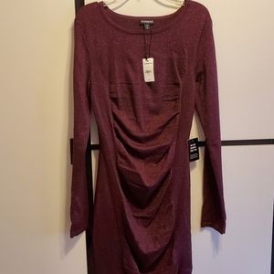 Express Metallic Boatneck Ruched Sweater Dress